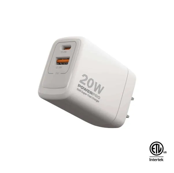 Cargador de Pared GaN Doble Puerto USB-A USB-C PD20W PowerPro Unno Tekno