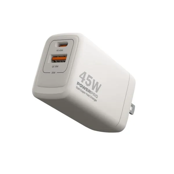 Cargador de Pared GaN Doble Puerto USB-A USB-C PD45W PowerPro Unno Tekno