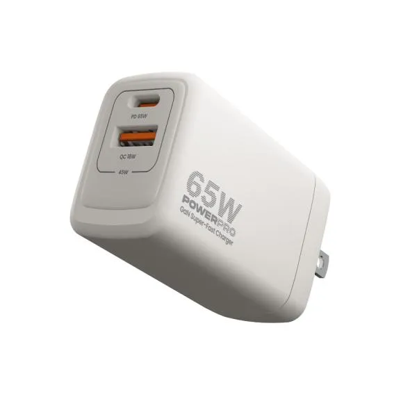 Cargador de Pared GaN Doble Puerto USB-A USB-C PD65W PowerPro Unno Tekno