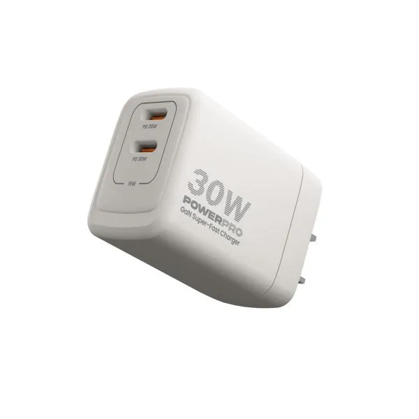 Cargador de Pared GaN Doble Puerto USB-C PD30W PowerPro Unno Tekno