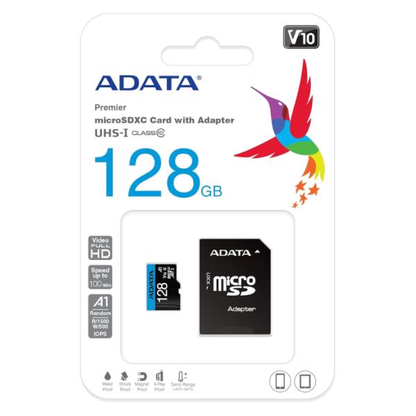 MEMORIA MICRO SDXC 128GB ADATA AUSDX128GUI3V30SA2-RA1 100MB/S LECTURA 85MB/S ESCRITURA PARA CAMARAS DASH CAMS SMARTPHONES TABLETS RESISTENTE ADAPTADOR SD