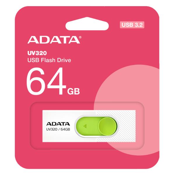 MEMORIA USB 64GB ADATA UV320 USB 3.1 100 MB/S AUV320-64G-RWHGN BLANCO / VERDE