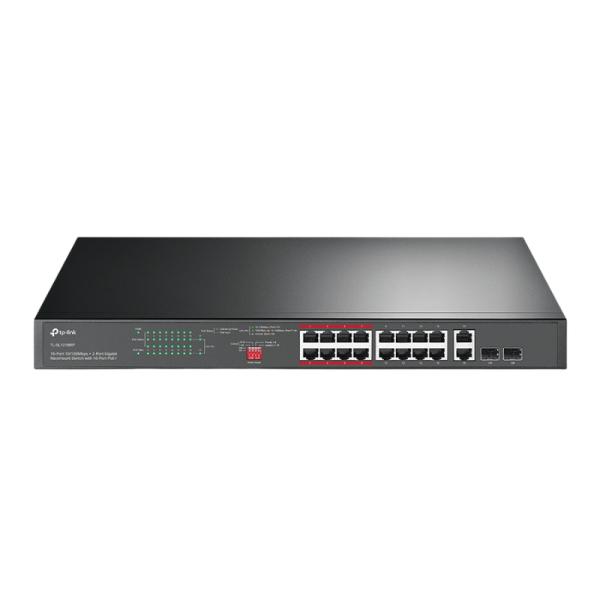 SWITCH TP LINK TL-SL1218MP(UN) 16 PUERTOS POE+ 10/100 MBPS / 2 PUERTOS RJ45 GIGABIT / 2 COMBO GIGABIT SFP NO ADMINISTRABLE NEGRO