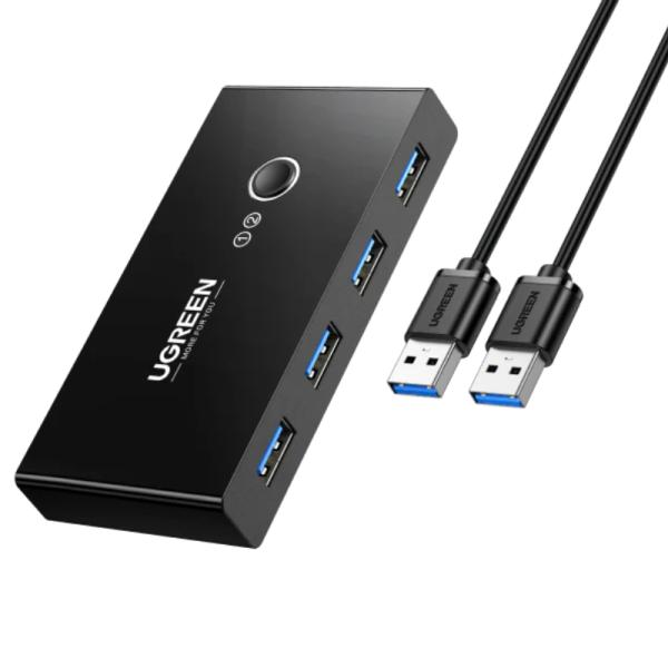 UGREEN SHARING SWITCH 30768 2 ENTRADAS Y 4 SALIDAS USB-A 6 PUERTOS 480MBPS INCLUYE DOS CABLES USB-A 3.0 NEGRO